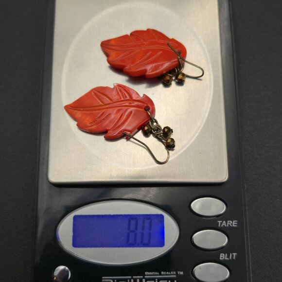 Copper Carved Leaf Orange Shell Handmade Earrings A6747 - Picture 5 of 5